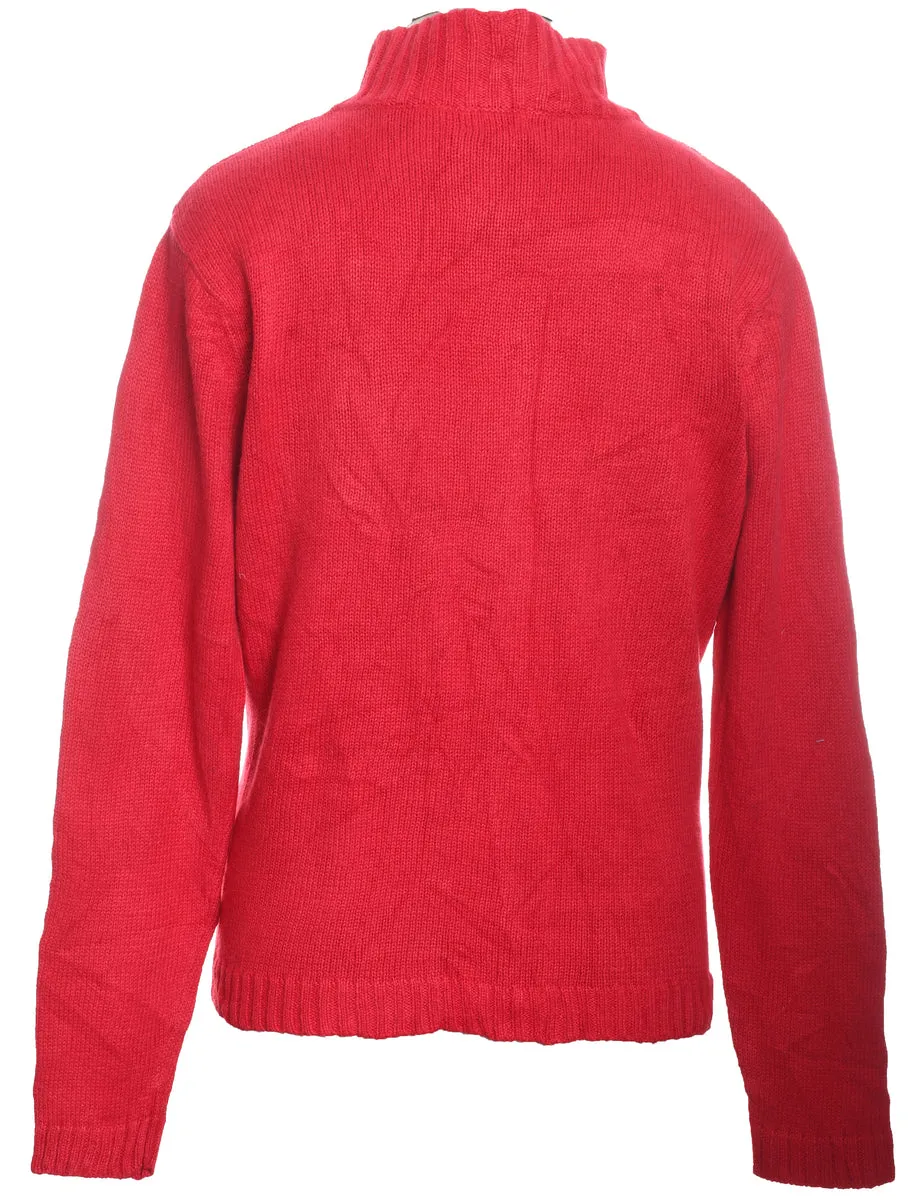 Snowman Design Knit Zip-Front Christmas Cardigan - M