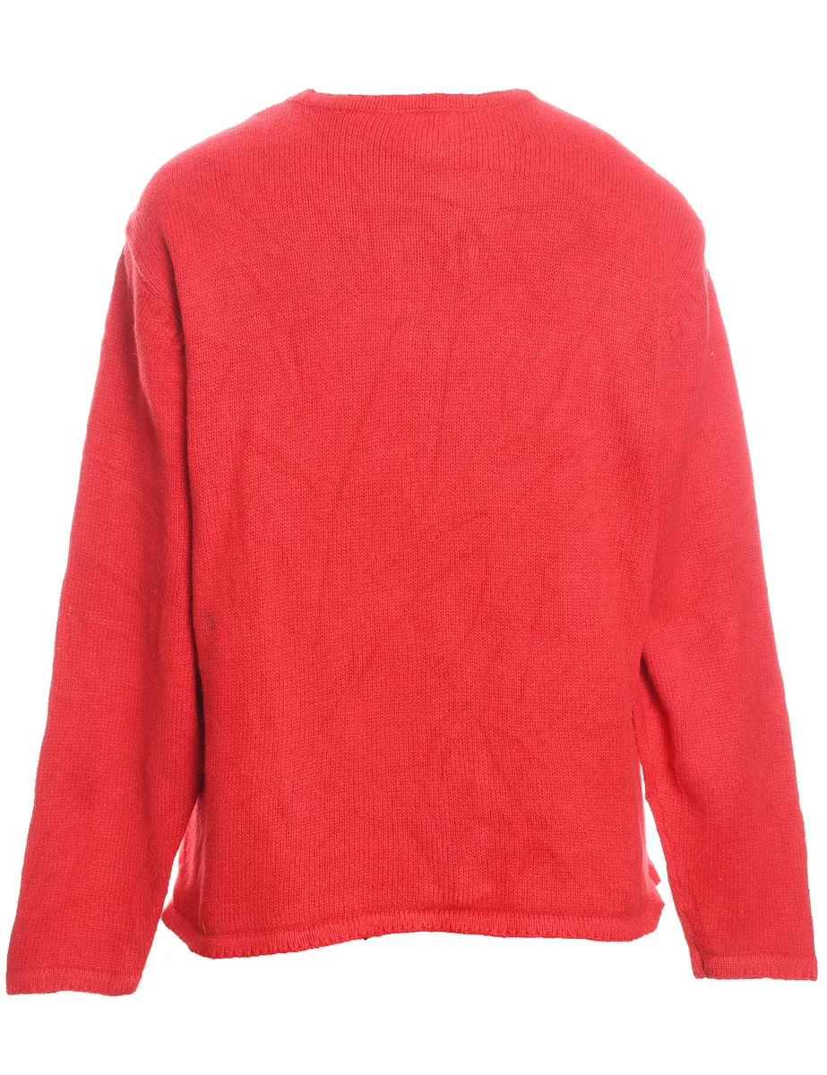 Snowman Design Red Appliqued Knit Christmas Cardigan - M