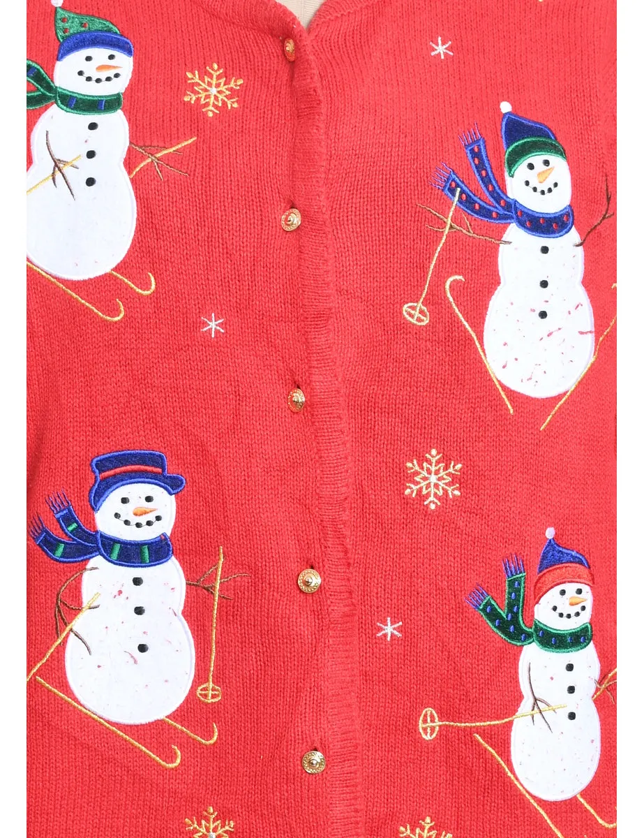 Snowman Design Red Appliqued Knit Christmas Cardigan - M