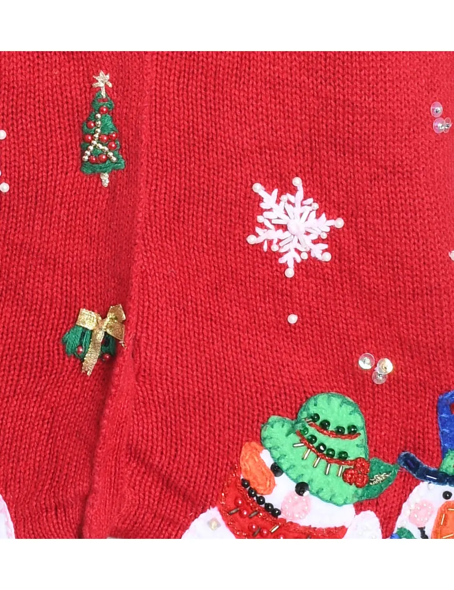 Snowman Design Red Knit Christmas Cardigan - M