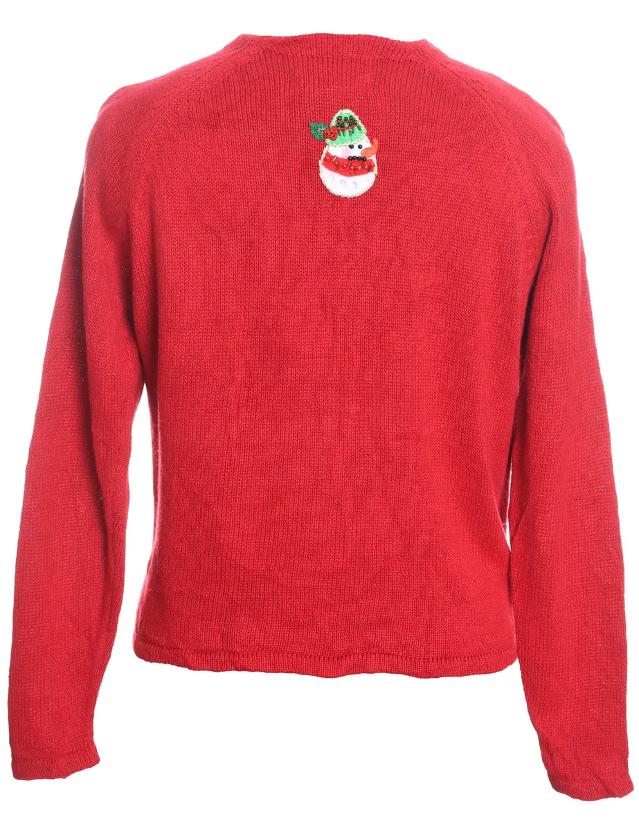 Snowman Design Red Knit Christmas Cardigan - M