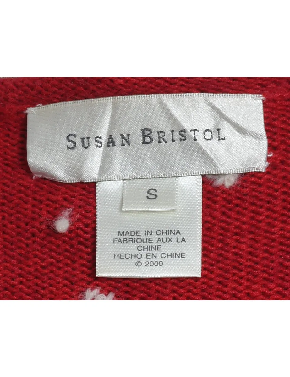 Snowman Design Red Knit Christmas Cardigan - S