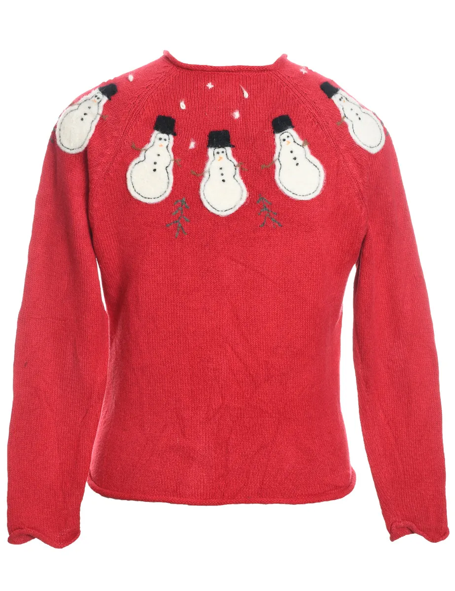 Snowman Design Red Knit Christmas Cardigan - S