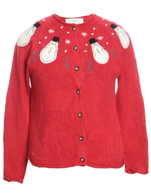 Snowman Design Red Knit Christmas Cardigan - S