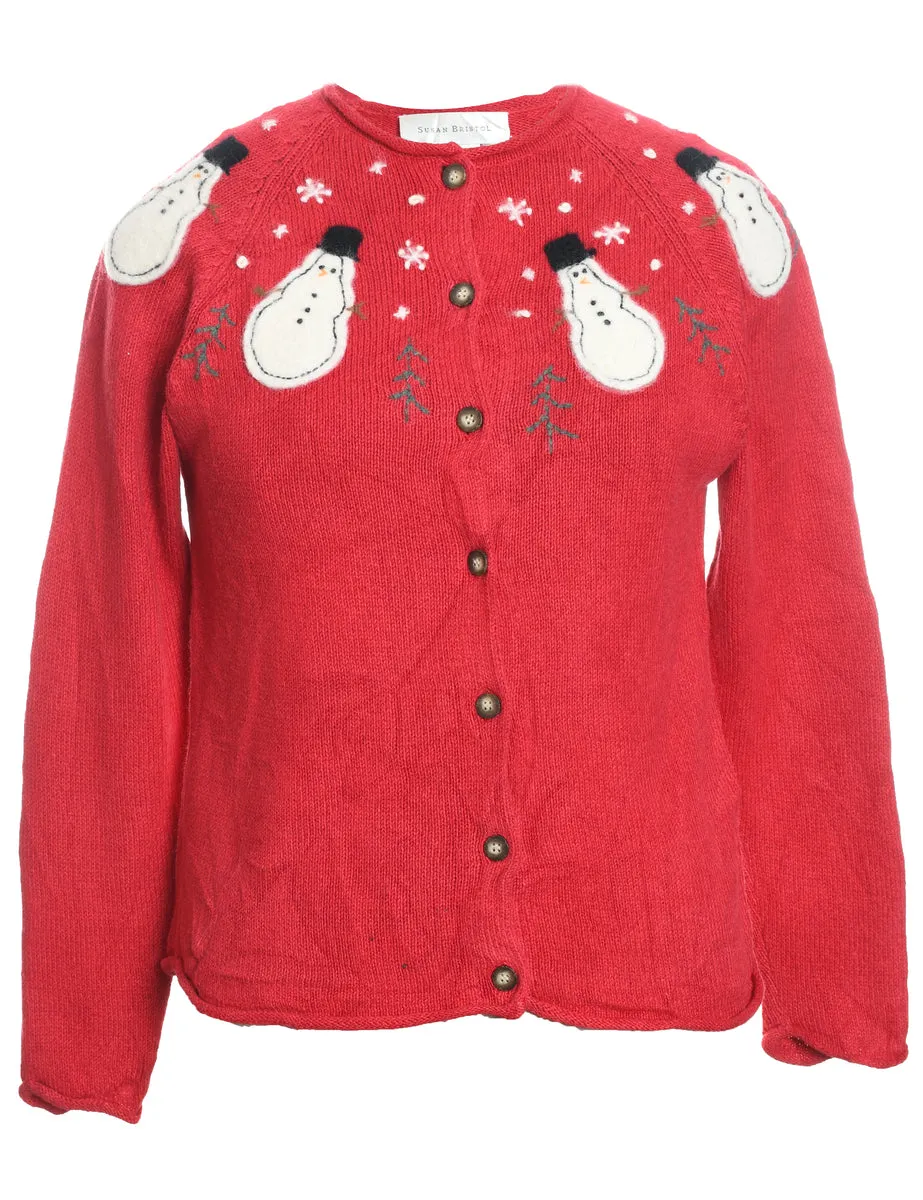 Snowman Design Red Knit Christmas Cardigan - S