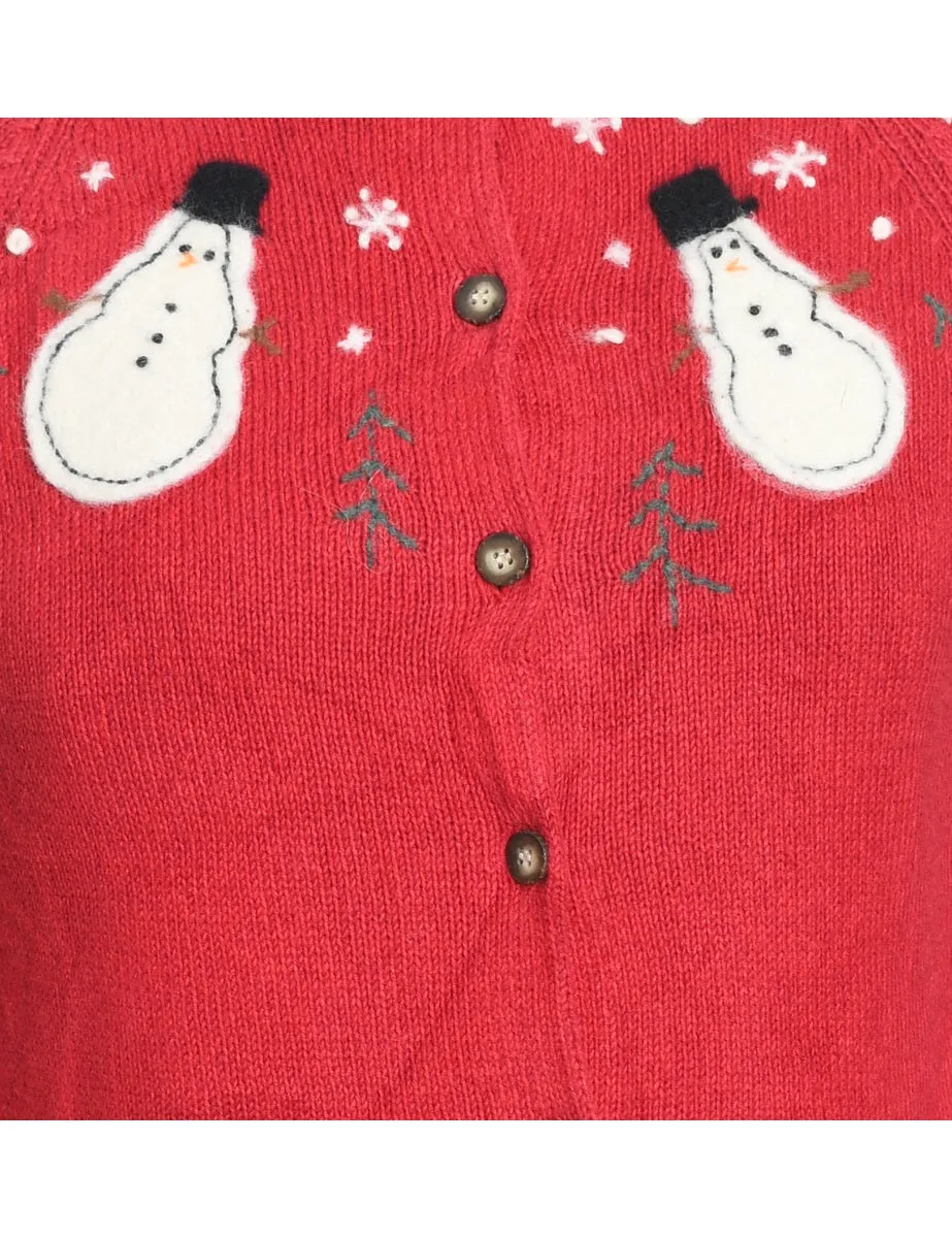Snowman Design Red Knit Christmas Cardigan - S