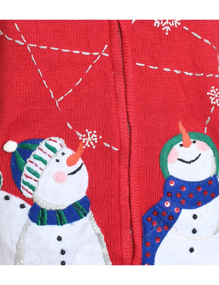 Snowman Red Zip-Front Knit Christmas Cardigan - L