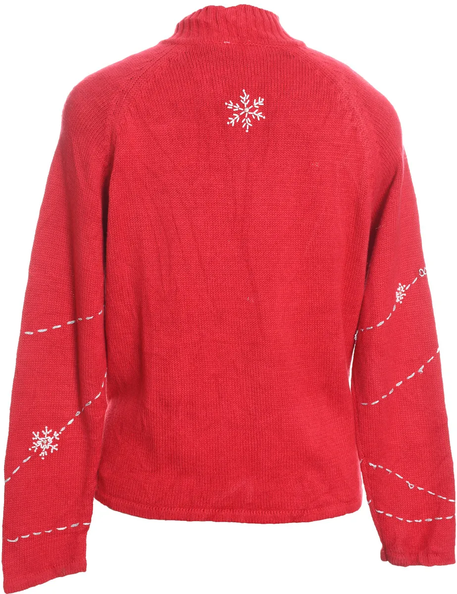 Snowman Red Zip-Front Knit Christmas Cardigan - L