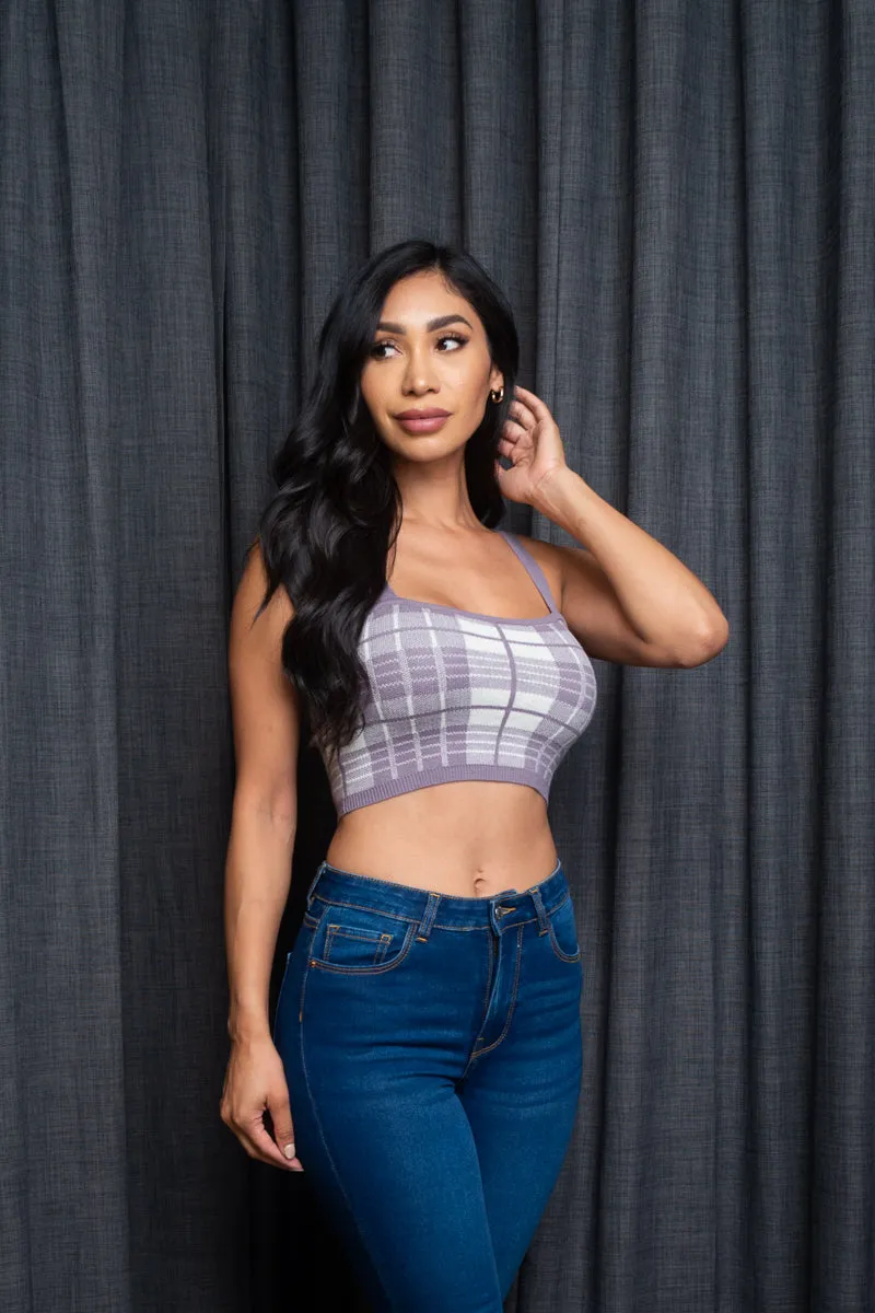 Spaghetti Strap Houndstooth Plaid  Knit Crop Top (9987WY)