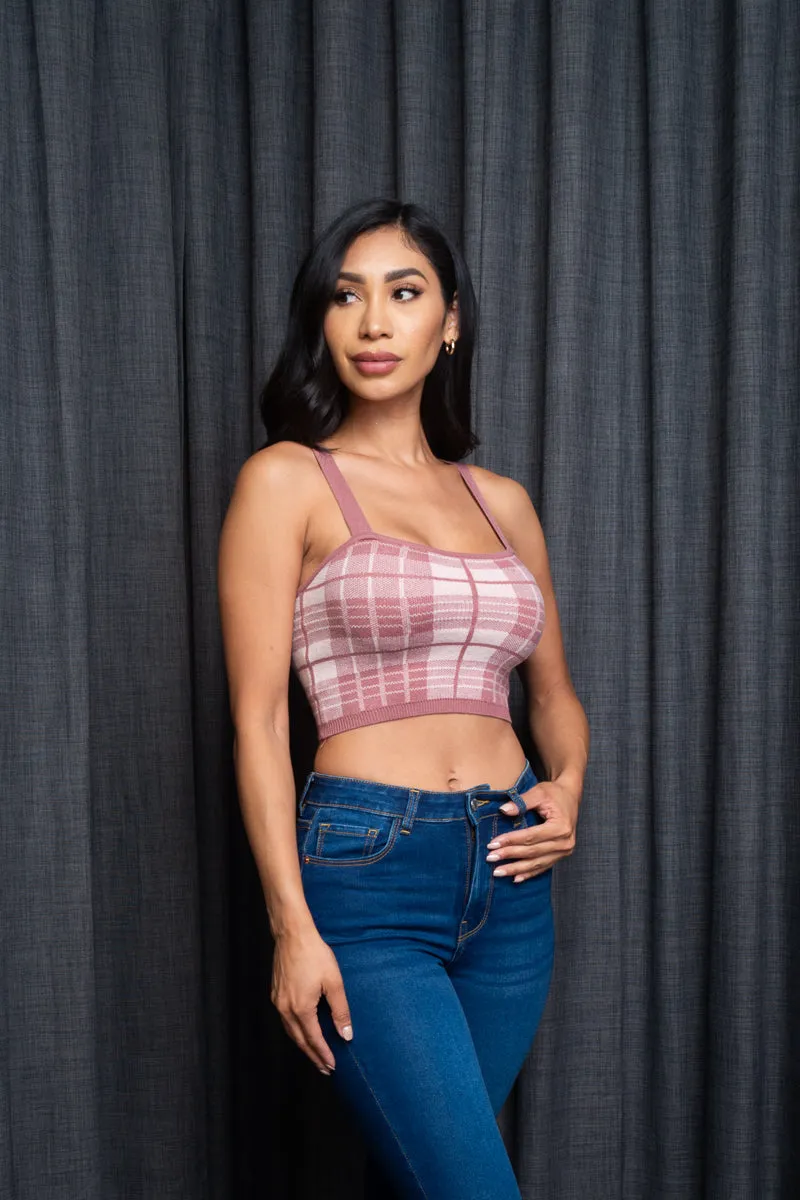 Spaghetti Strap Houndstooth Plaid  Knit Crop Top (9987WY)
