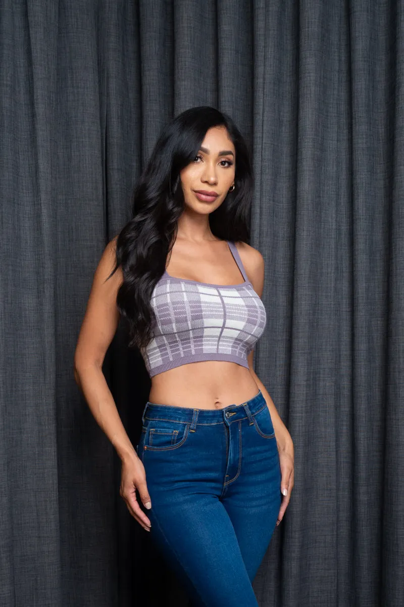 Spaghetti Strap Houndstooth Plaid  Knit Crop Top (9987WY)