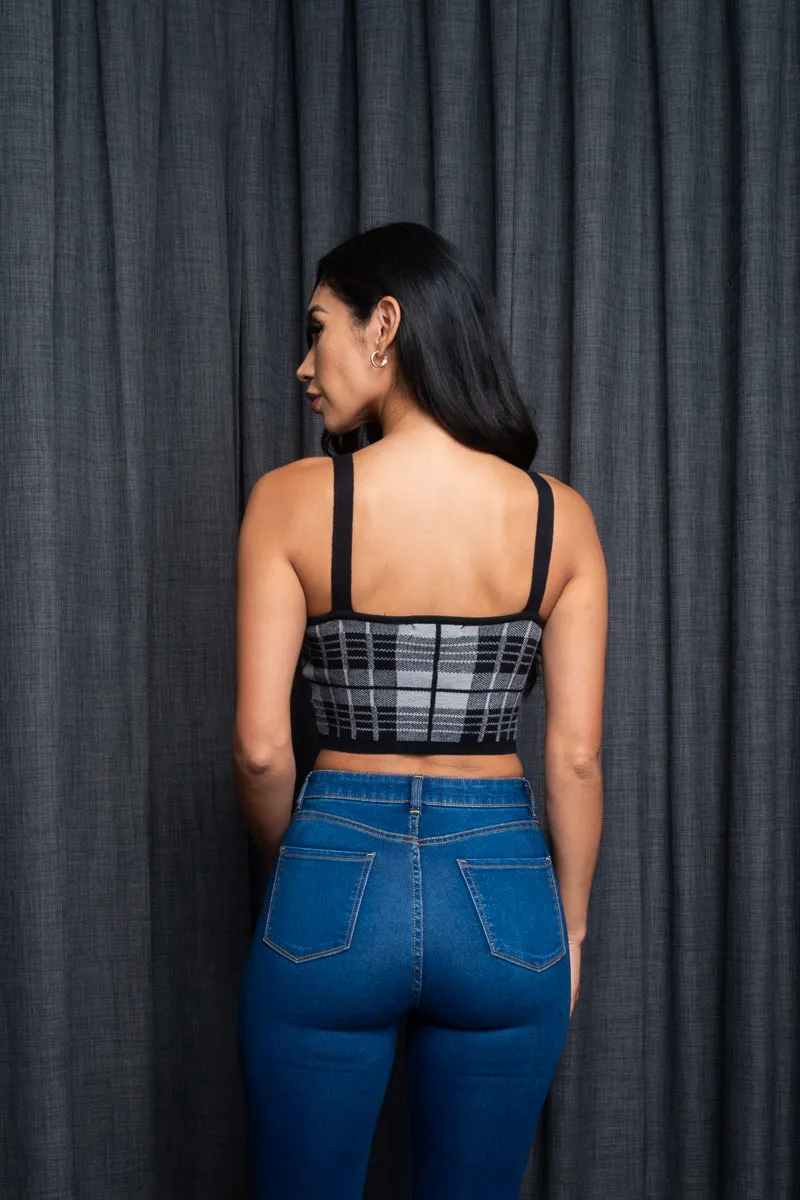 Spaghetti Strap Houndstooth Plaid  Knit Crop Top (9987WY)