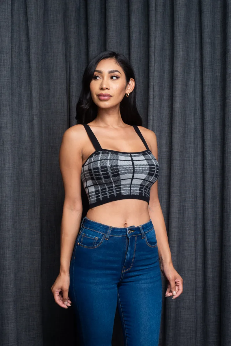 Spaghetti Strap Houndstooth Plaid  Knit Crop Top (9987WY)