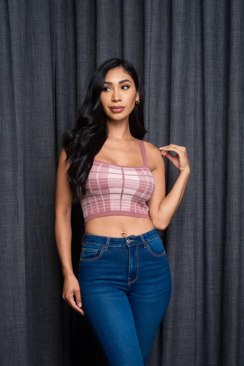 Spaghetti Strap Houndstooth Plaid  Knit Crop Top (9987WY)