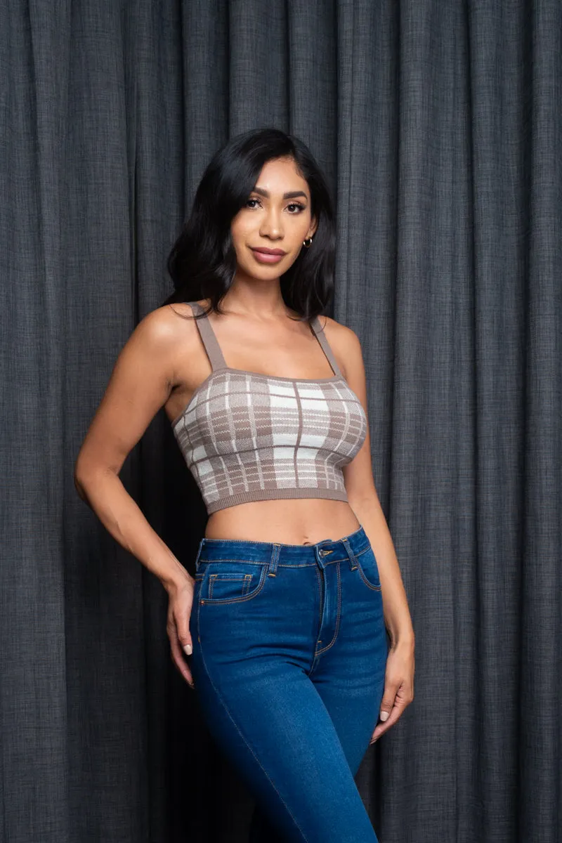 Spaghetti Strap Houndstooth Plaid  Knit Crop Top (9987WY)