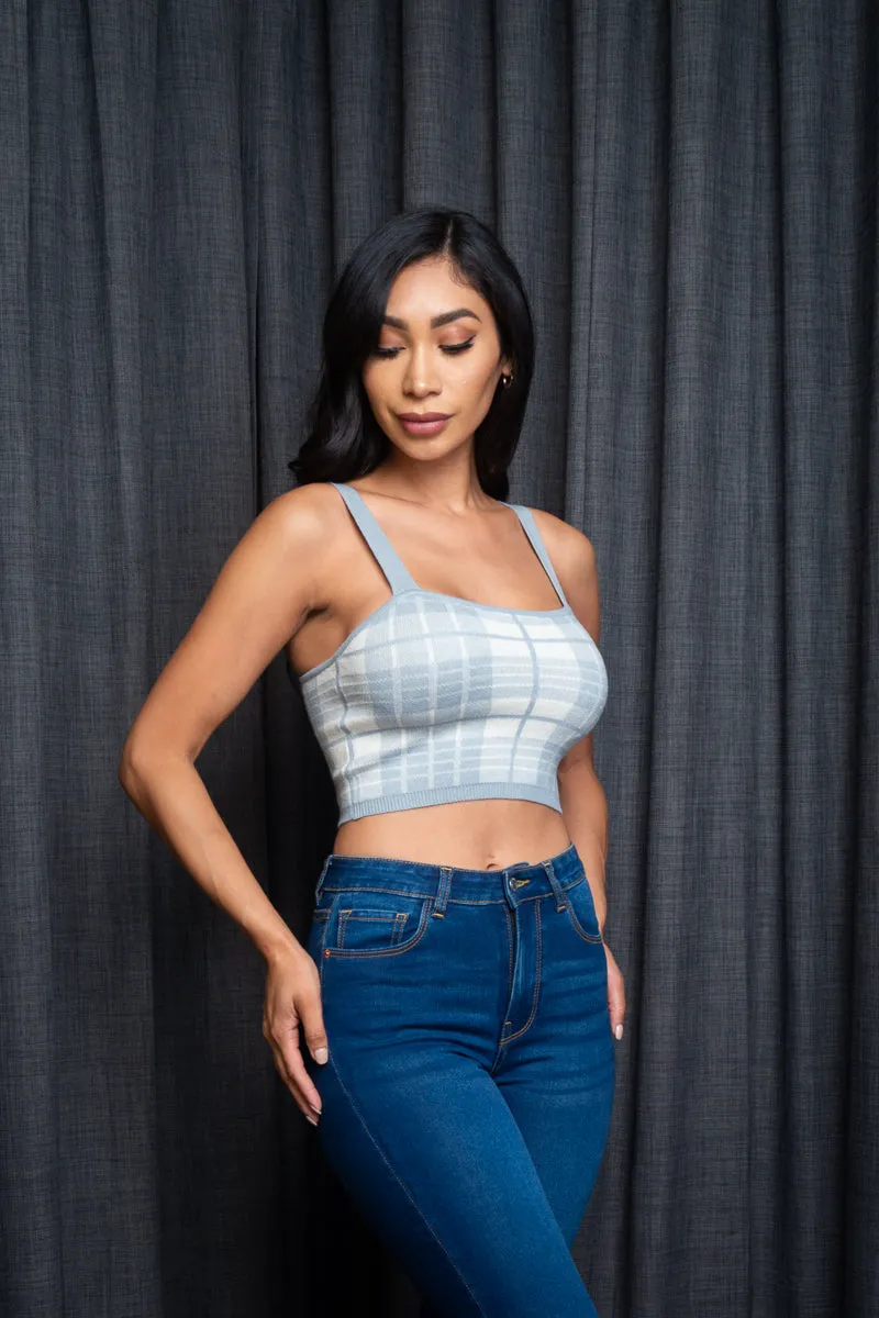 Spaghetti Strap Houndstooth Plaid  Knit Crop Top (9987WY)