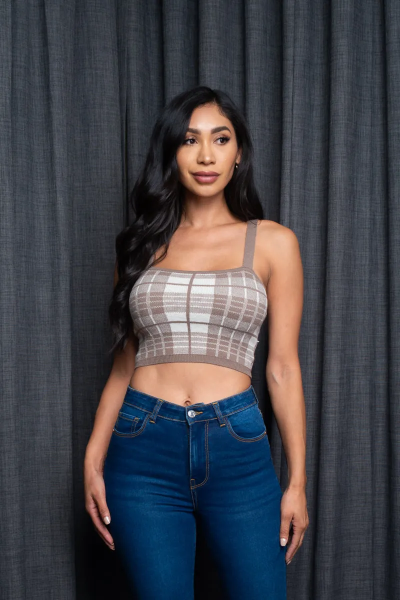 Spaghetti Strap Houndstooth Plaid  Knit Crop Top (9987WY)