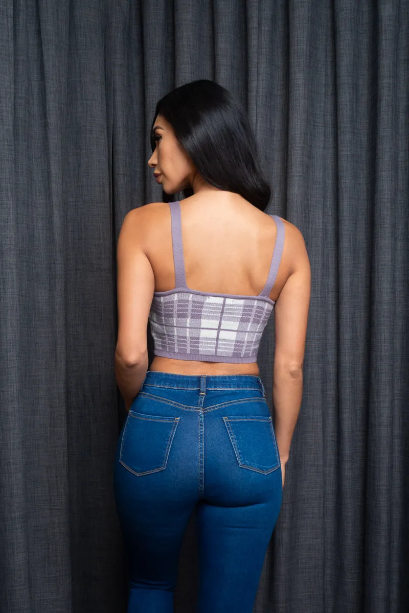 Spaghetti Strap Houndstooth Plaid  Knit Crop Top (9987WY)
