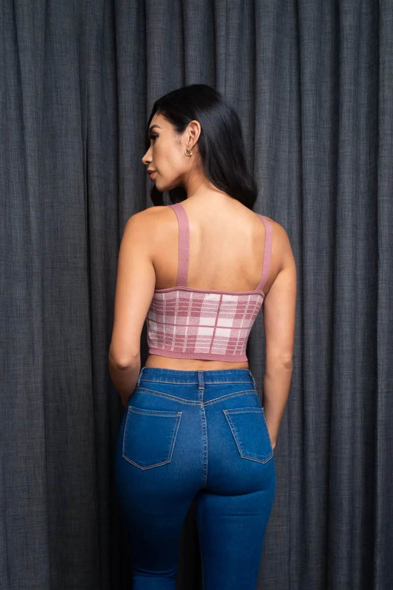 Spaghetti Strap Houndstooth Plaid  Knit Crop Top (9987WY)
