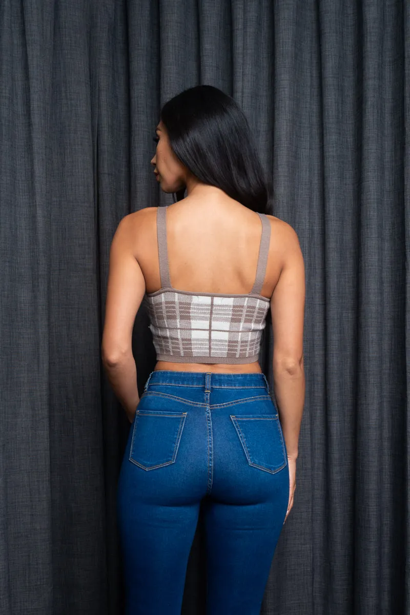 Spaghetti Strap Houndstooth Plaid  Knit Crop Top (9987WY)