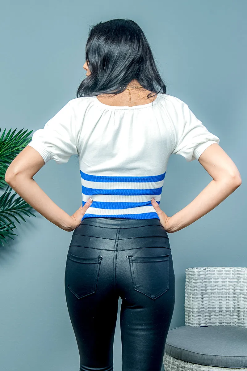 Striped Puff Sleeve Rib Knit Crop Top (SJ16656)