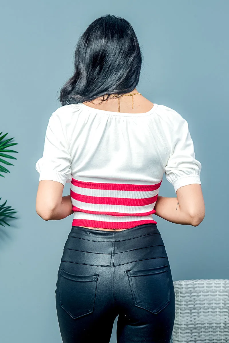 Striped Puff Sleeve Rib Knit Crop Top (SJ16656)