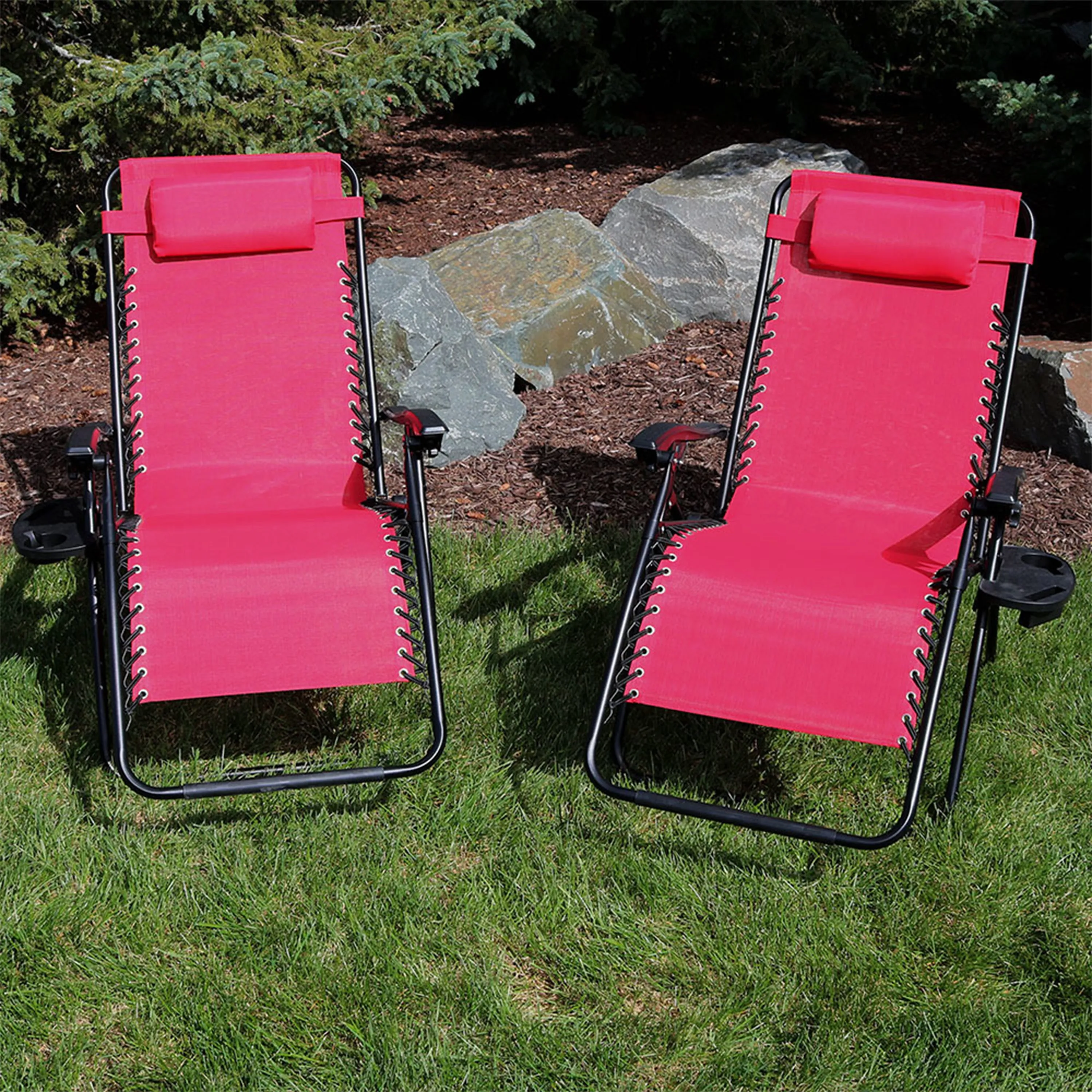 Sunnydaze Oversized Zero Gravity Chair with Pillow and Cup Holder - Set of 2 - Red
