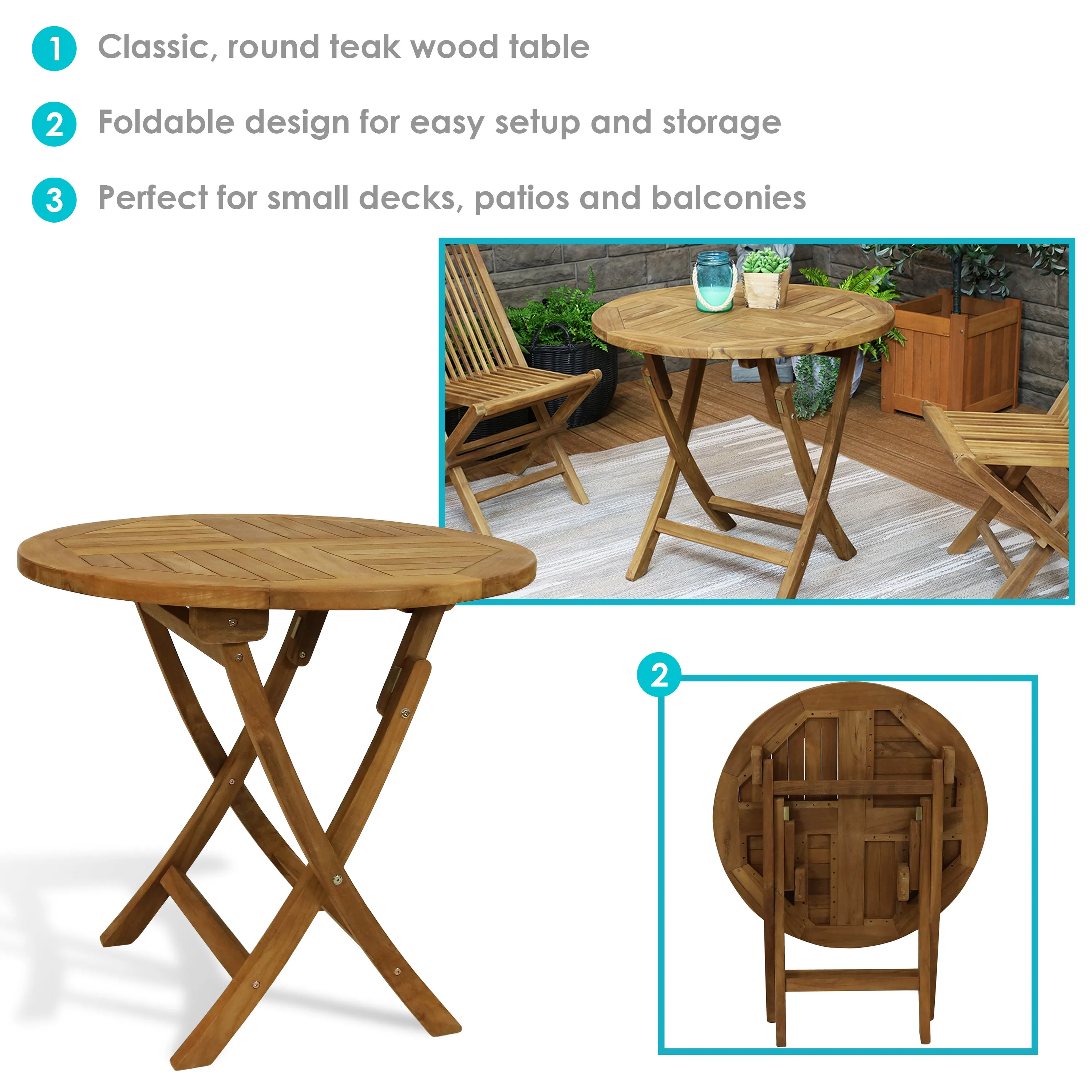 Sunnydaze Premium Teak Wood Round Folding Table