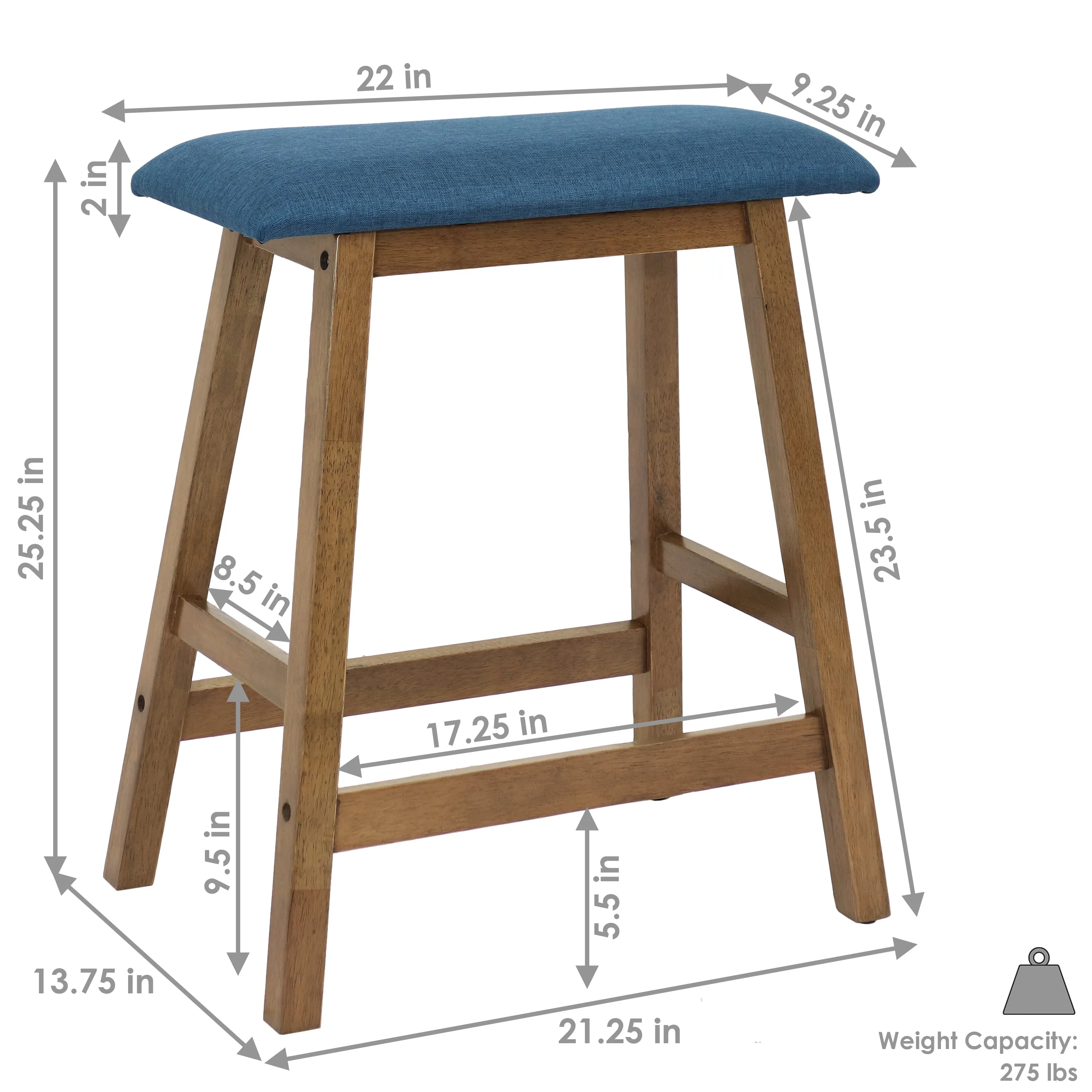 Sunnydaze Set of 2 Counter-Height Stools - Weathered Oak Finish with Blue Cushions