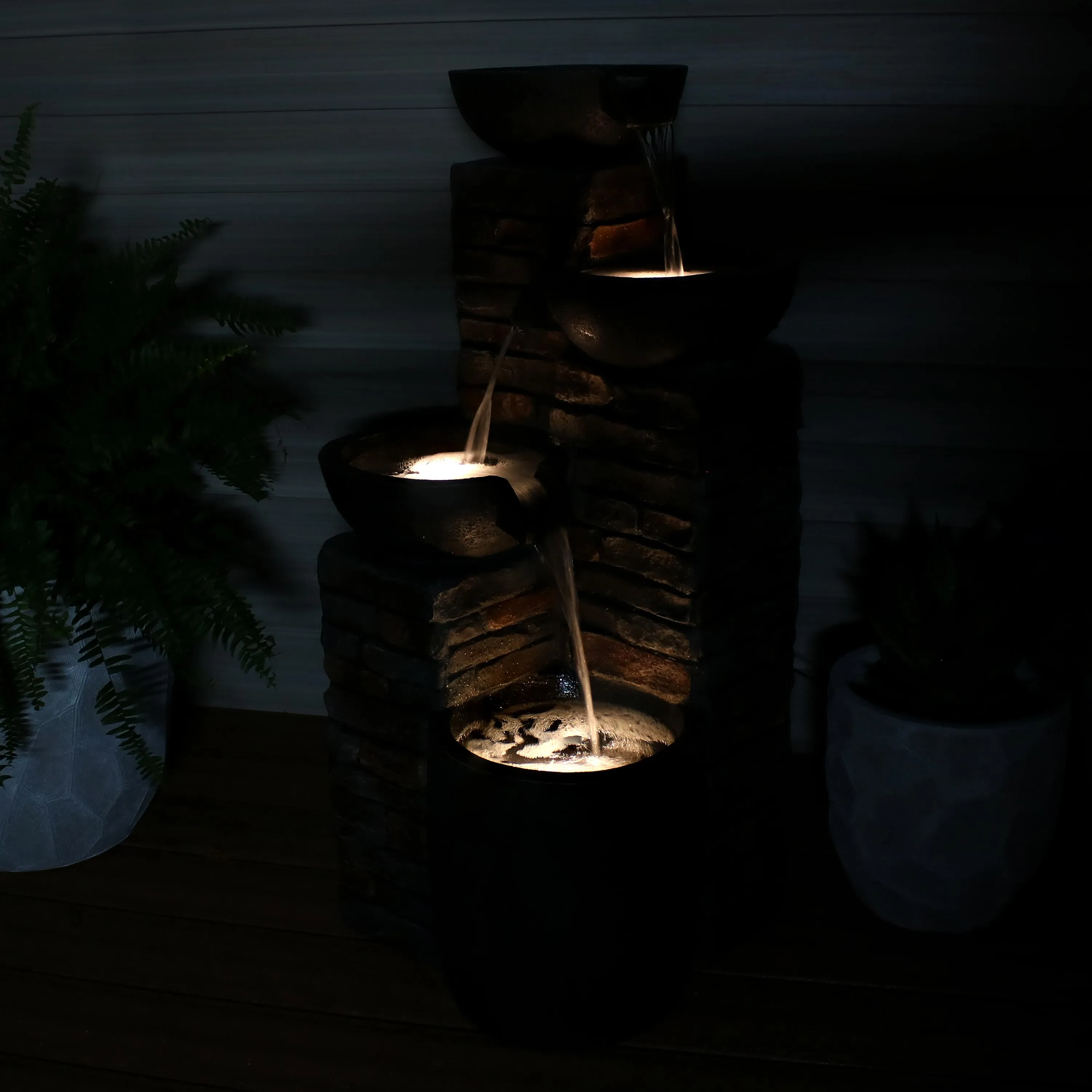 Sunnydaze Staggered Pottery Bowls Tiered Outdoor Fountain with Lights - 34"