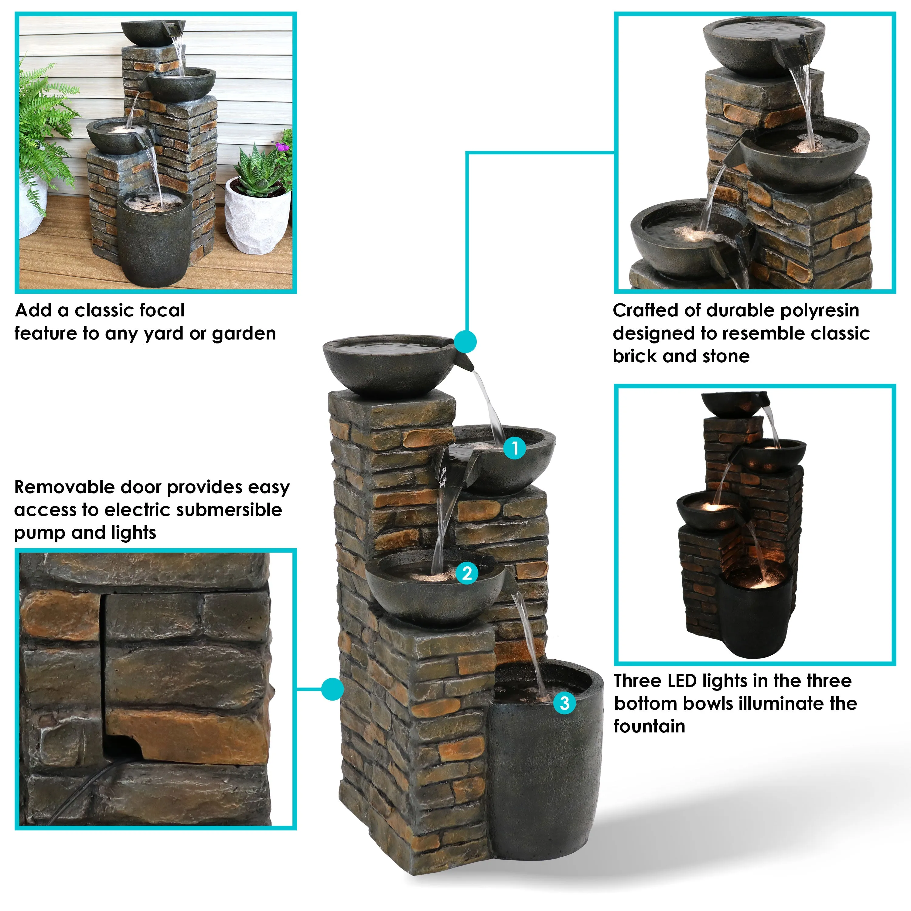 Sunnydaze Staggered Pottery Bowls Tiered Outdoor Fountain with Lights - 34"