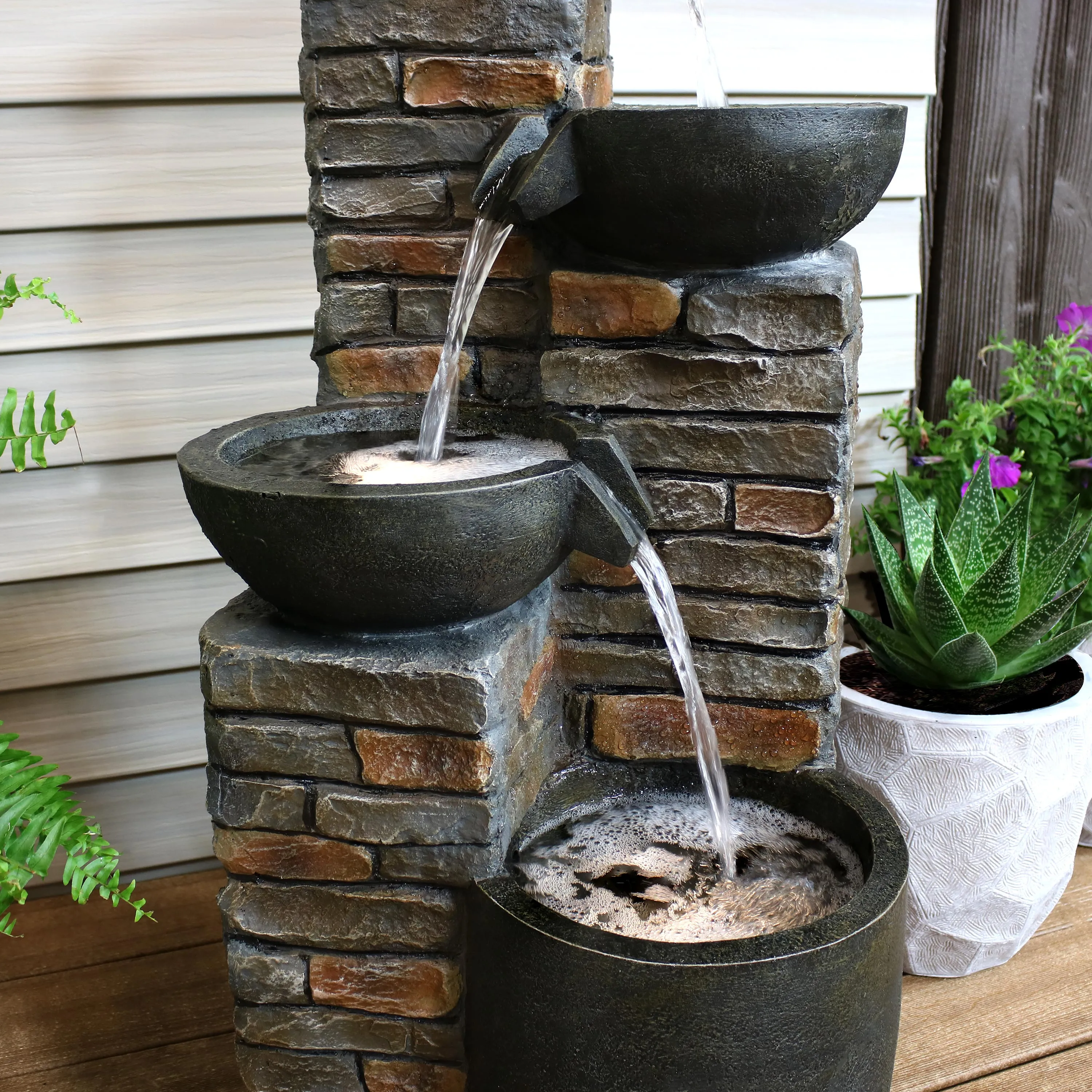 Sunnydaze Staggered Pottery Bowls Tiered Outdoor Fountain with Lights - 34"