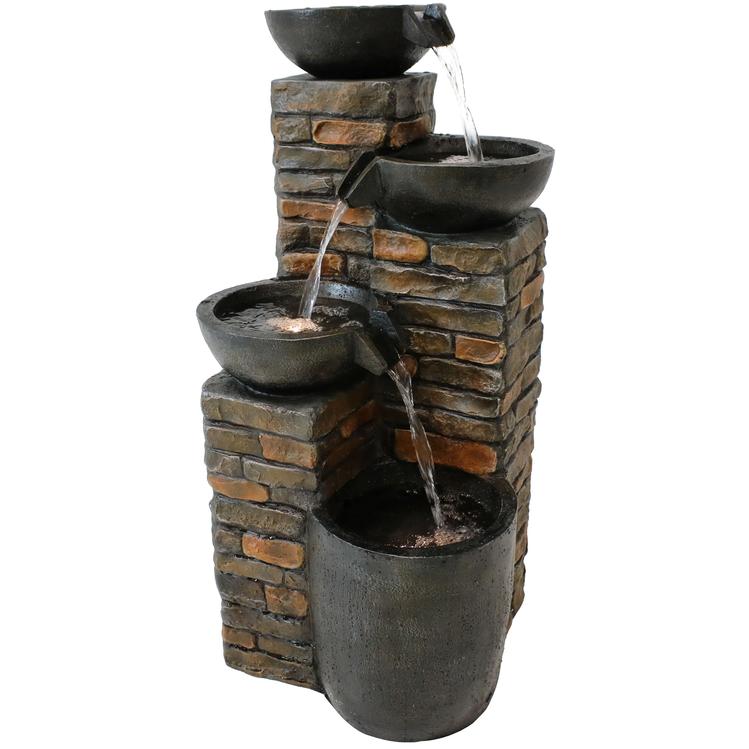 Sunnydaze Staggered Pottery Bowls Tiered Outdoor Fountain with Lights - 34"