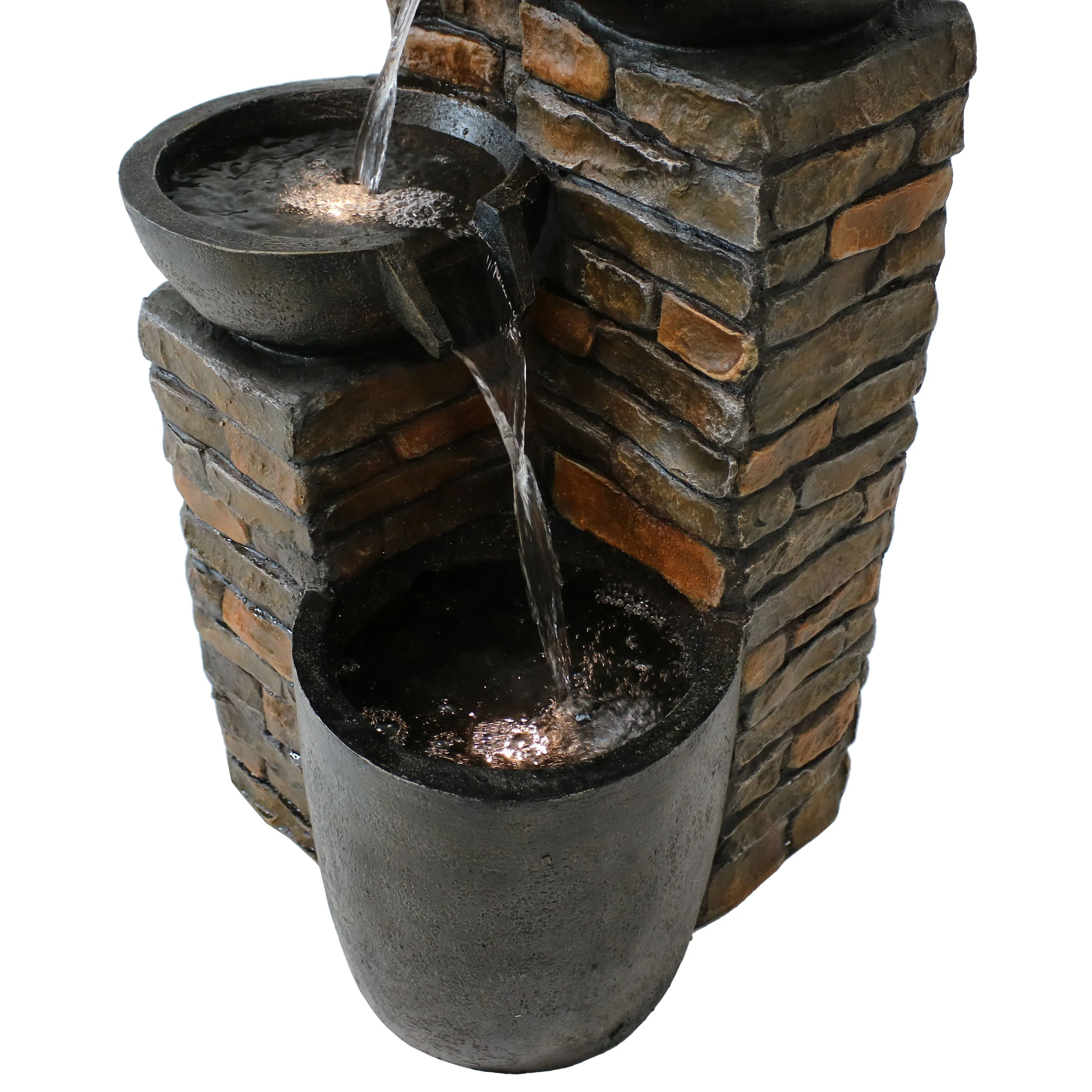Sunnydaze Staggered Pottery Bowls Tiered Outdoor Fountain with Lights - 34"