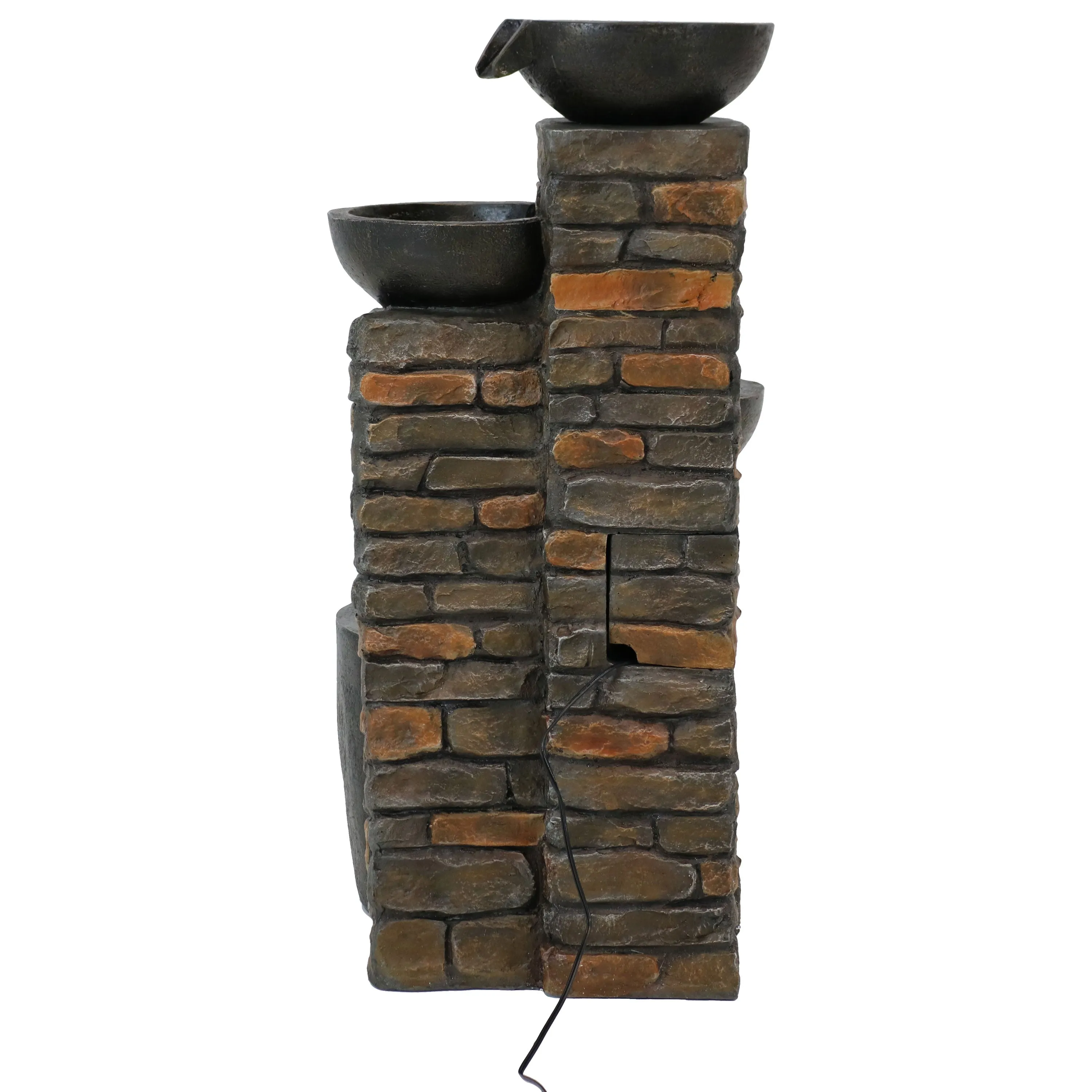 Sunnydaze Staggered Pottery Bowls Tiered Outdoor Fountain with Lights - 34"