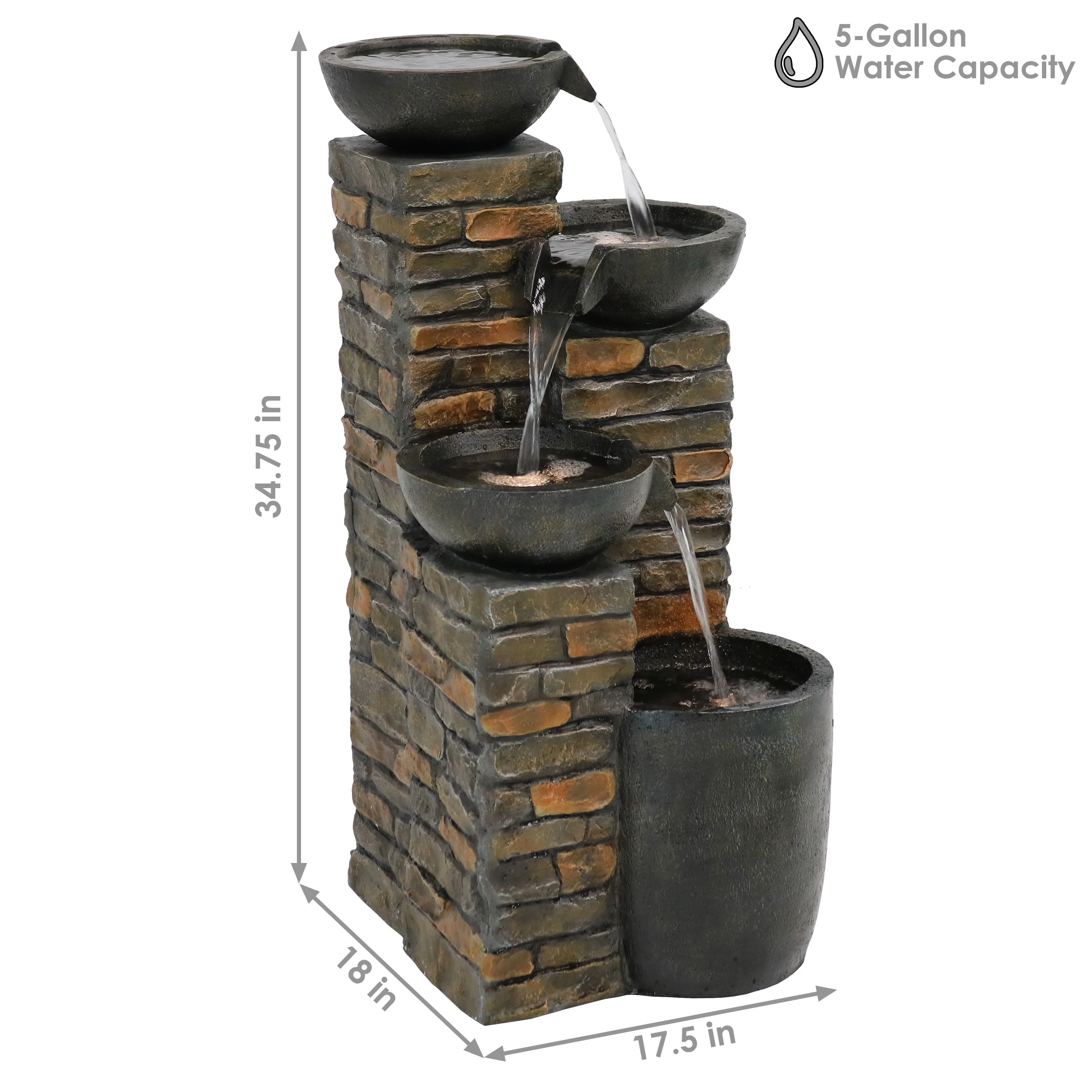 Sunnydaze Staggered Pottery Bowls Tiered Outdoor Fountain with Lights - 34"