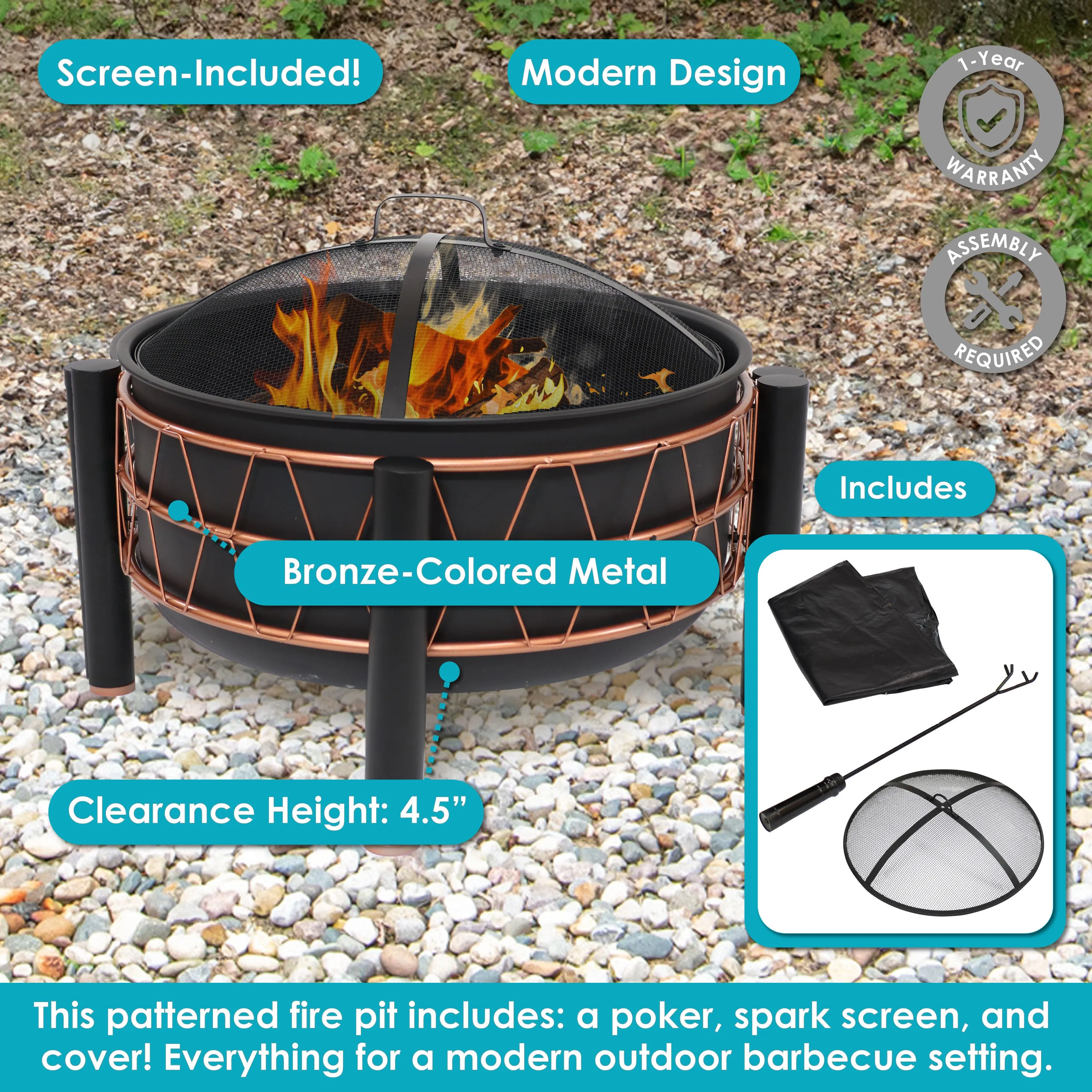 Sunnydaze Steel Wood-Burning Outdoor Fire Pit with Trapezoid Pattern and Cover - 24.5"