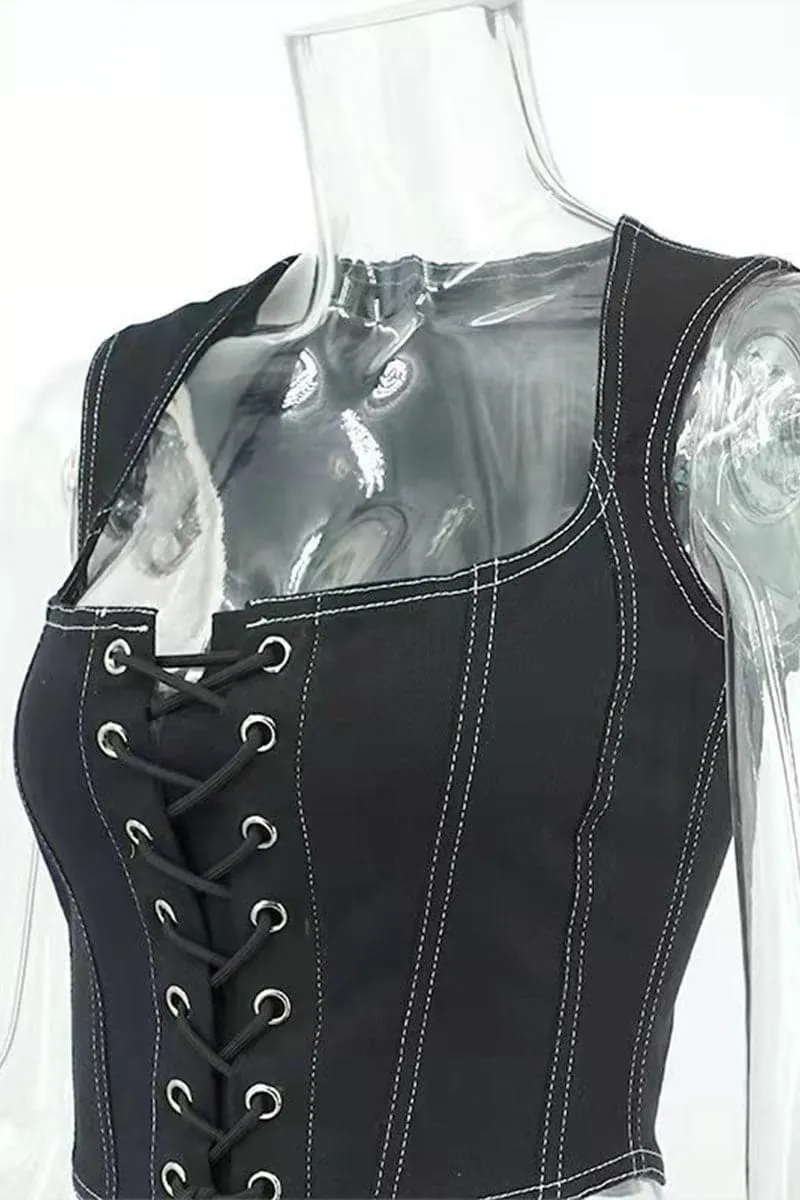TB043 Denim Lace Up Corset Top