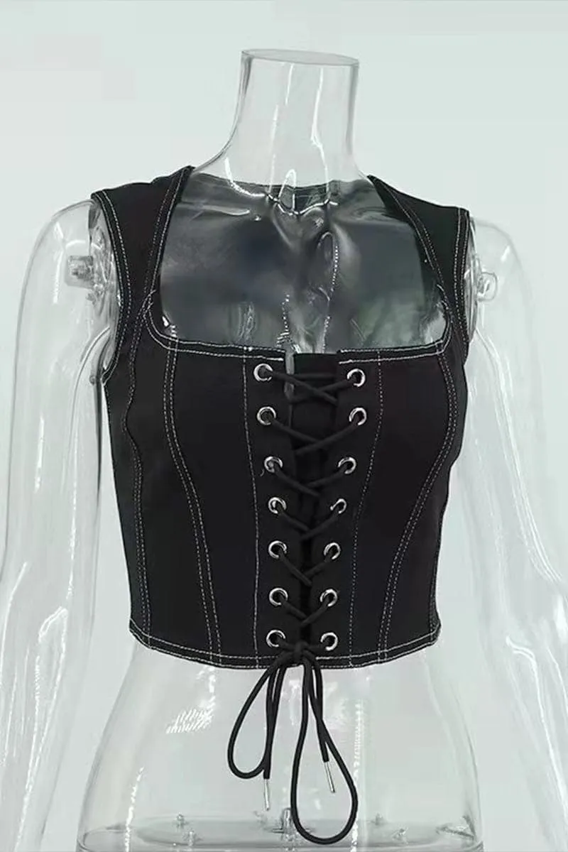 TB043 Denim Lace Up Corset Top