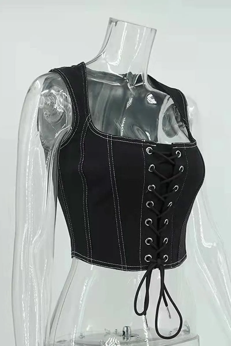 TB043 Denim Lace Up Corset Top