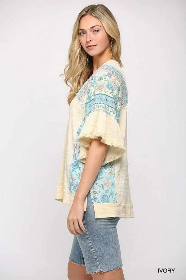 Texture Knit And Print Mixed Hi Low Hem Top