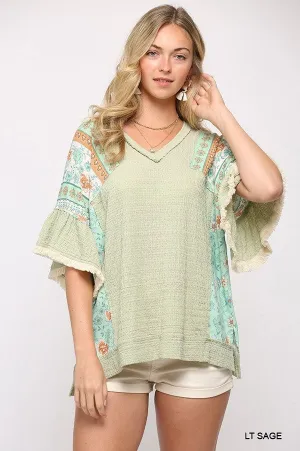 Texture Knit And Print Mixed Hi Low Hem Top