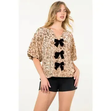 THML Velvet Sequin Bow Detail Top