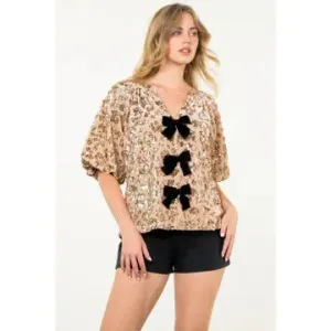 THML Velvet Sequin Bow Detail Top