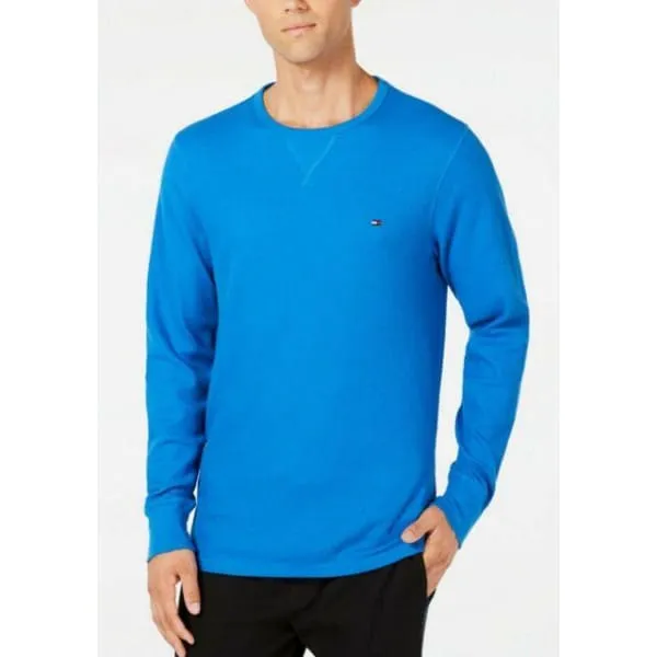 Tommy Hilfiger Men's Blue Textured Logo Casual Thermal Shirt Top Ultra Blue
