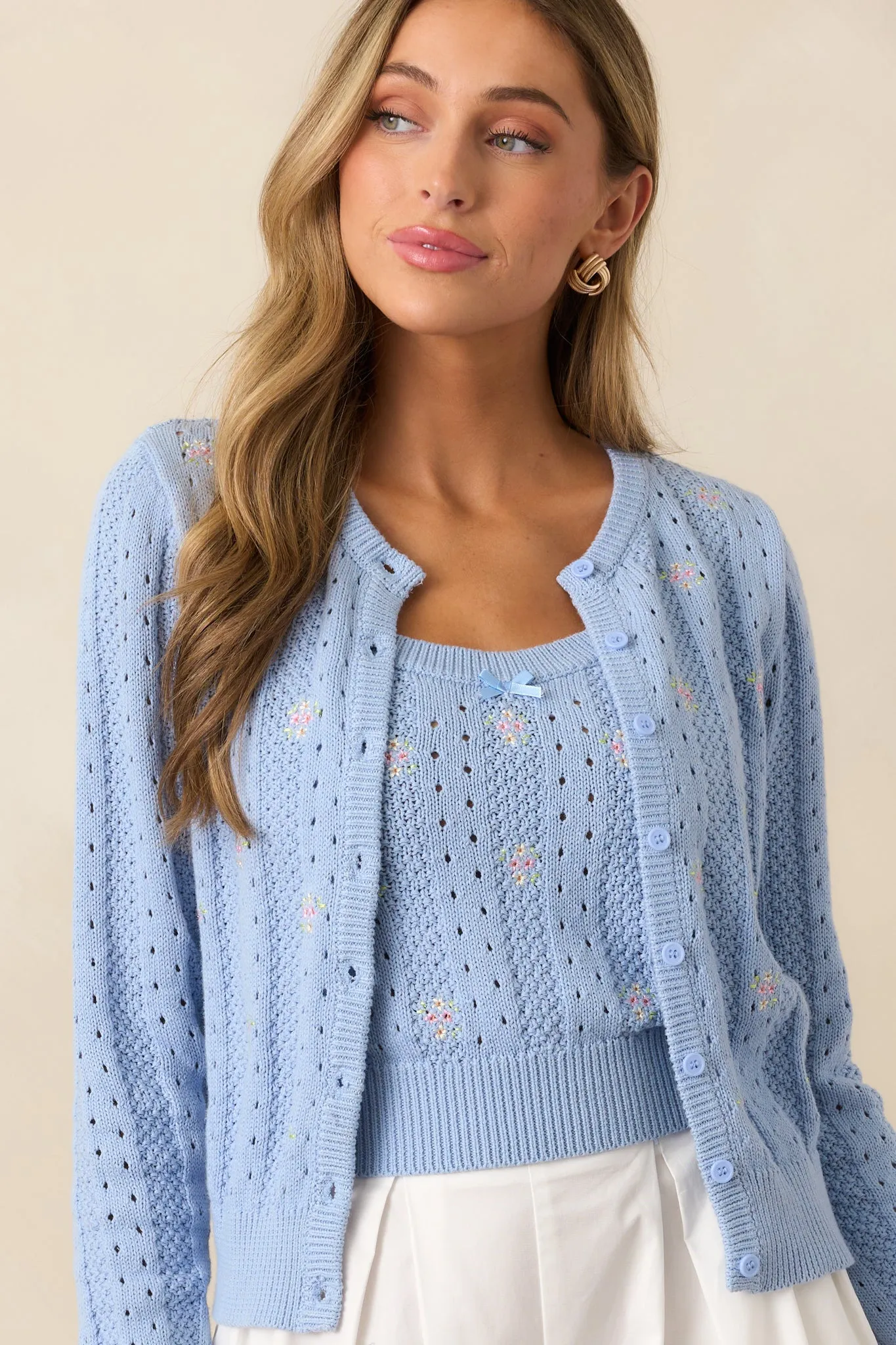 Under the Hibiscus Cotton Sky Blue Knit Floral Embroidered Tank Top