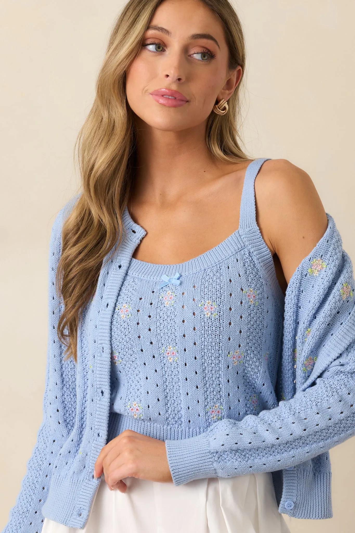 Under the Hibiscus Cotton Sky Blue Knit Floral Embroidered Tank Top