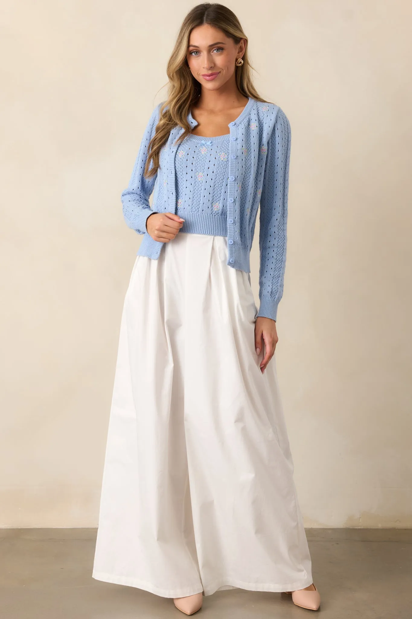 Under the Hibiscus Cotton Sky Blue Knit Floral Embroidered Tank Top