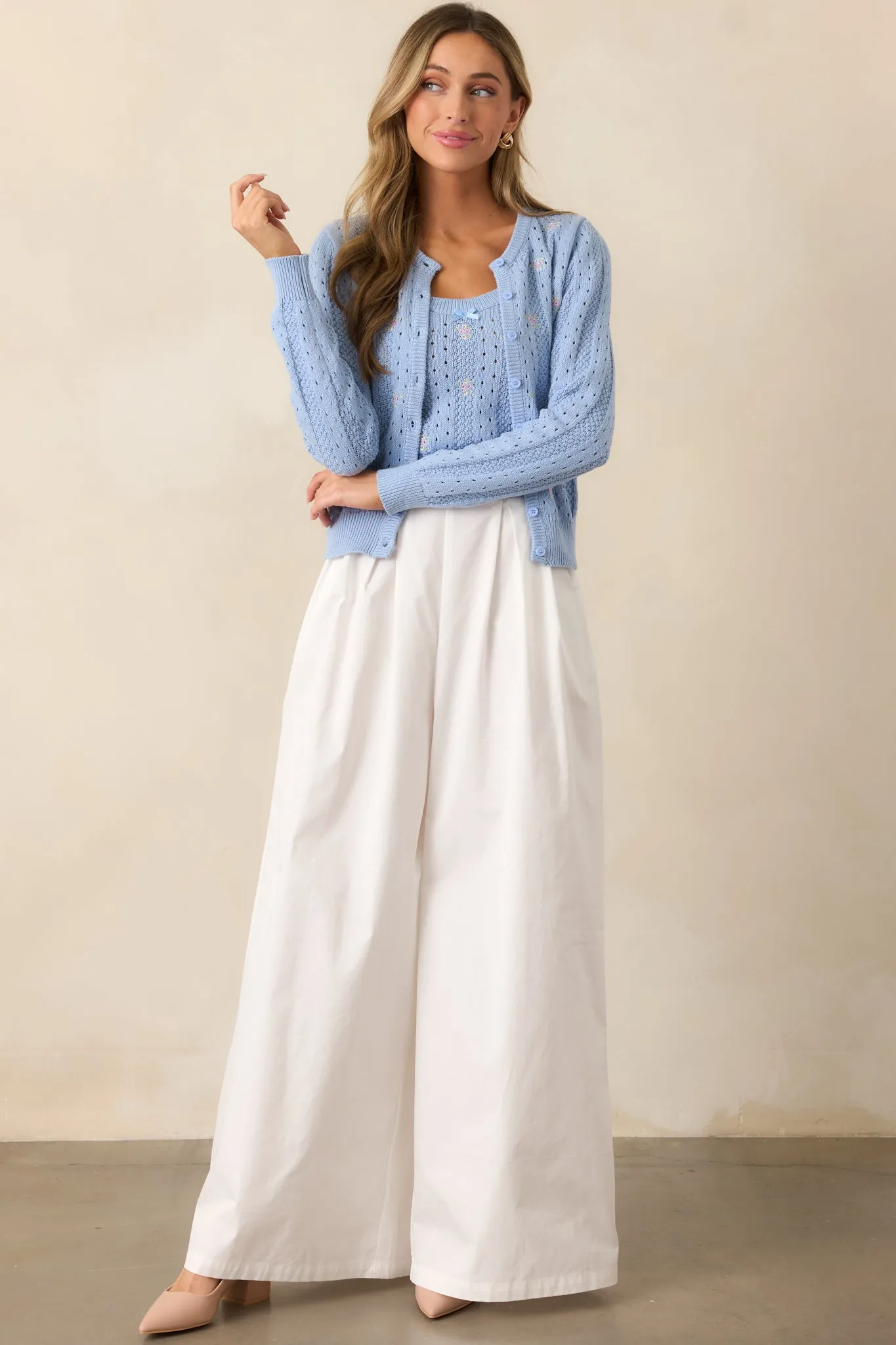 Under the Hibiscus Cotton Sky Blue Knit Floral Embroidered Tank Top