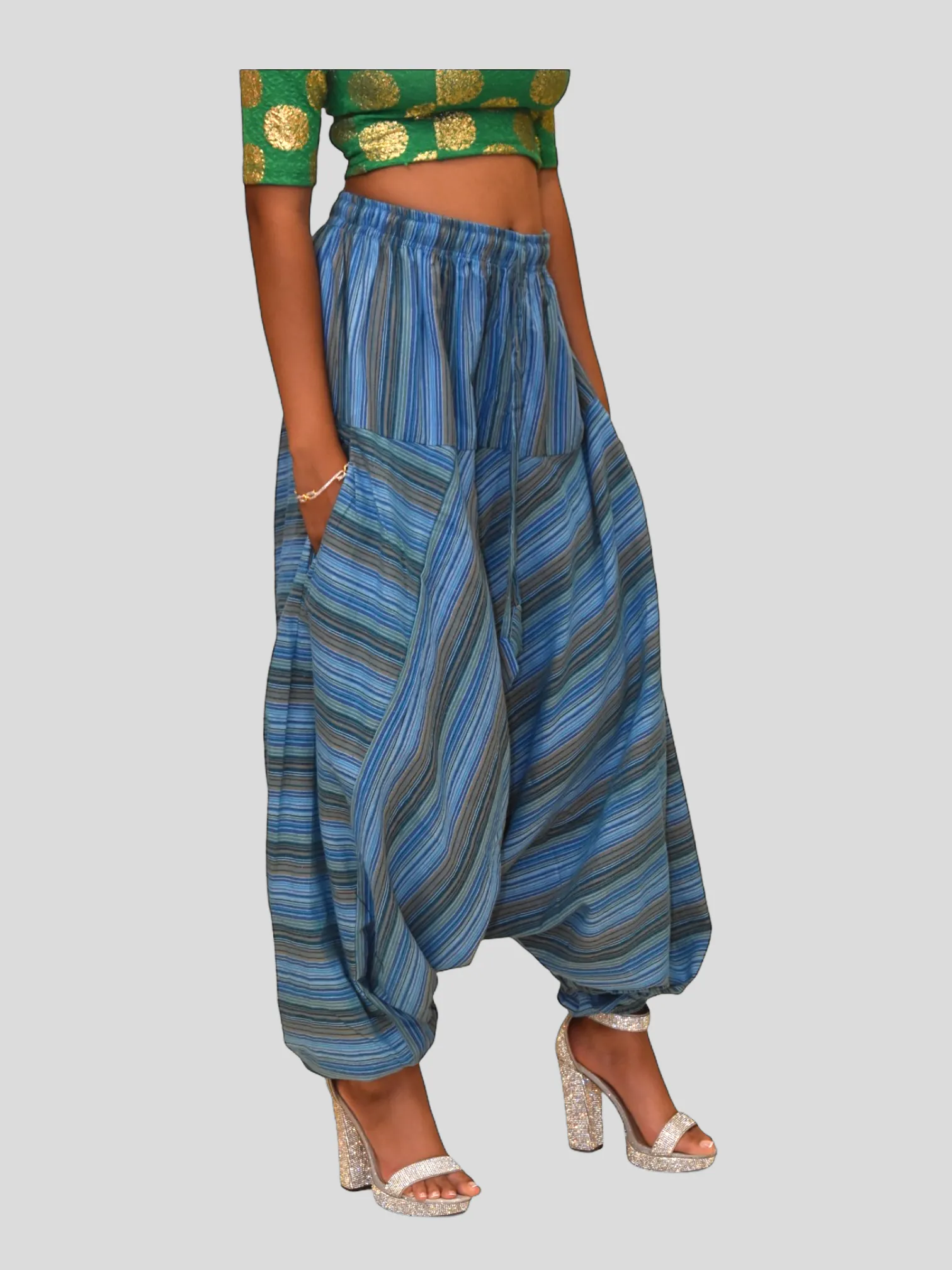 Unisex Cotton Azure Blue Striped Harem pants
